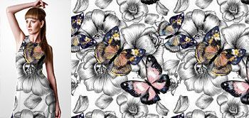 02007v Materiał ze wzorem monochromatyczne (czarno-białe) kwiaty ręcznie malowane z dodanymi kolorowymi motylami